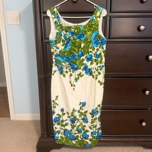 London Times blue green floral cream sheath dress size large 10 12